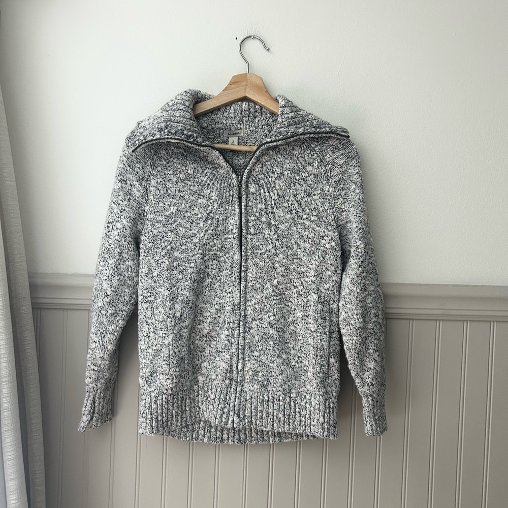 L.L. Bean Small Petite Heathered Gray Knit 100% Cotton Zip-Up Sweater